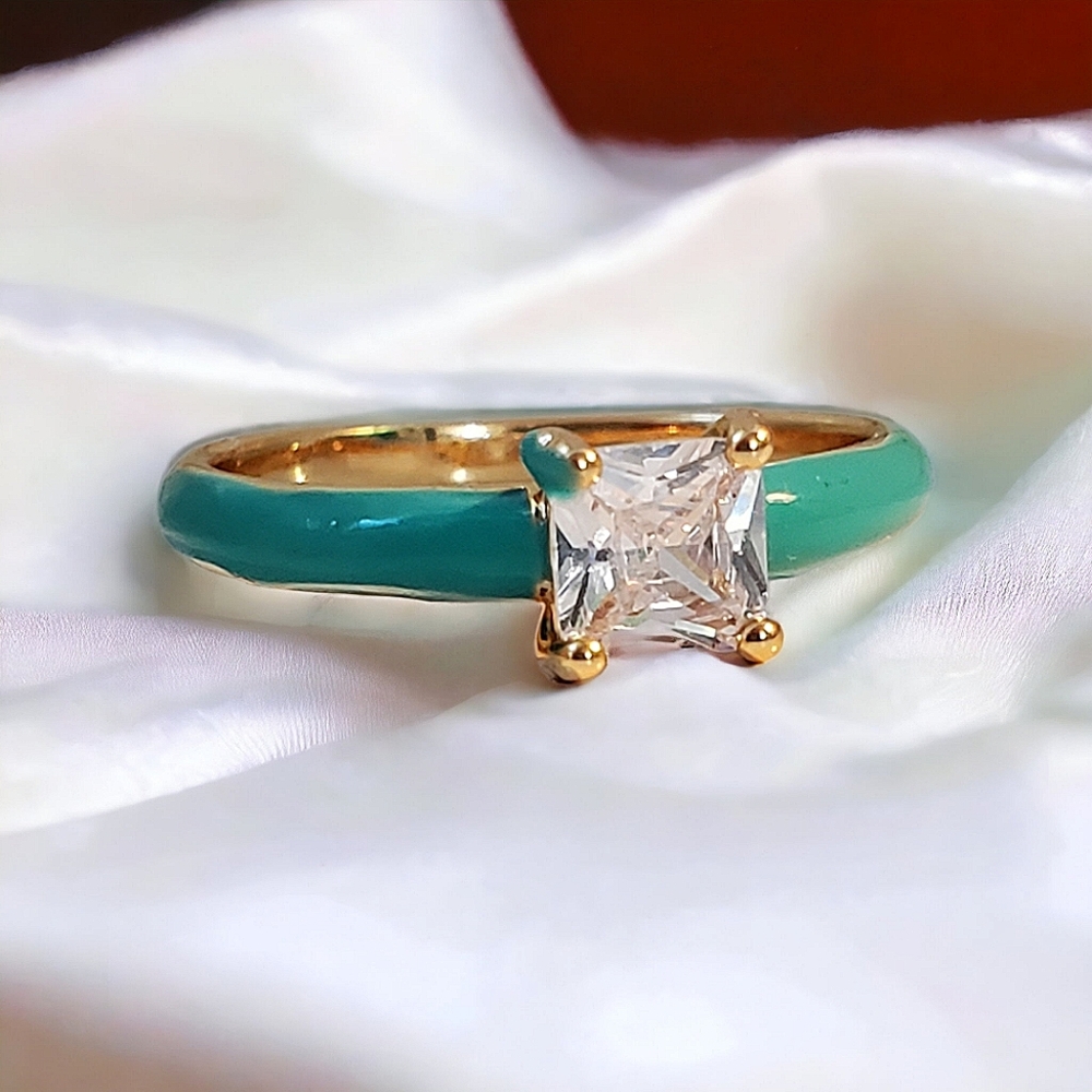 Turquoise Enamel and Cubic Zirconia Ring